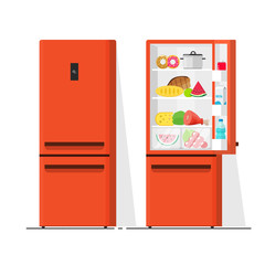 Refrigerator vector illustration, flat cartoon open and closed fridge, refrigerator full of food isolated on white