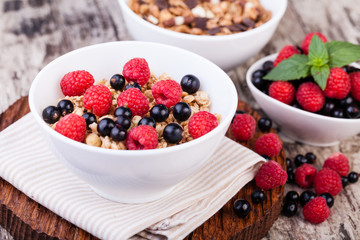 muesli breakfast on a wooden table