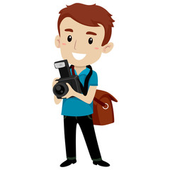 Vector Illustration of Handsome Man holding a Digital Camera wearing a Satchel Bag
