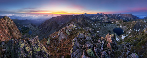 Panorama of mountain landscape in Tatras at sunrise