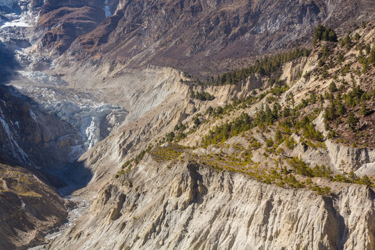 Sandstone formations and erosion geology in a glacier moraine, in Annapurna, Himalayas