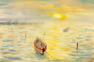 Obrazy  Akwarela pejzaż morski oryginalny obraz kolorowy odbić na wodzie