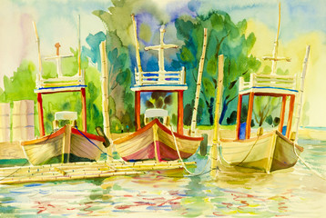 Fototapeta na wymiar Watercolor seascape original painting on paper colorful of fishing boat