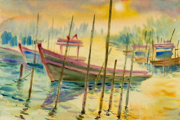 Fototapeta na wymiar Abstract watercolor seascape original painting colorful of reflections