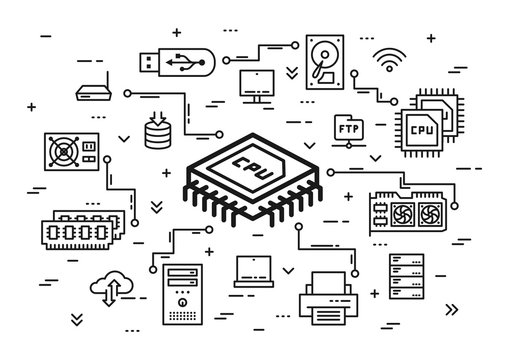CPU chip and computer components vector illustration. Hardware elements (usb card, cpu chip, keyboard, ram memory, hdd, processor, etc) line art. Computer system configuration graphic design.