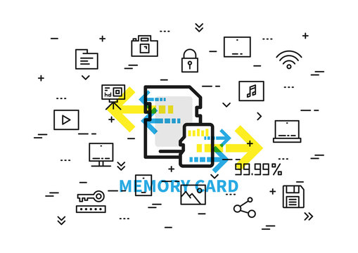 Memory card vector illustration. Sd and micro sd cards with elements (photocamera, action camera, desktop, laptop, smartphone, tablet, cloud storage, save pictogram, etc) line art.