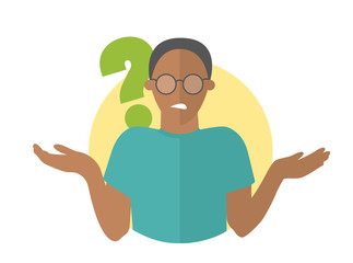 Flat design icon. Black handsome man in glasses doubts. Guy with a question mark. Simply editable isolated vector illustration
