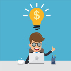 Businessman in Suit Working with Computer on Table in The Office and Thinking Idea Money. Concept Business Vector Illustration Flat Style.