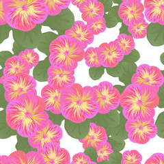 Pink flowers with green leavs seamless pattern