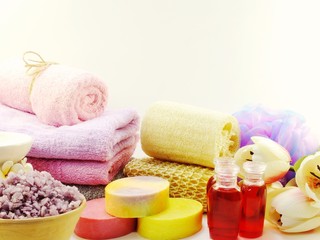 Obraz na płótnie Canvas cleansing spa accessories with Shampoo soap and shower cream bathroom products
