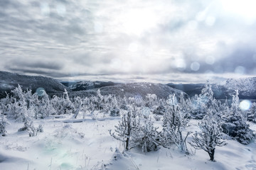 Fototapeta na wymiar Winter Landscape from Top of Mountain in Canada, Quebec