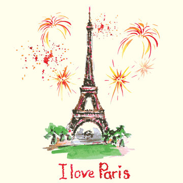  Eiffel tower,lettering,pink hearts.Hand drawn watercolor decor.