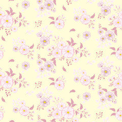 Seamless floral pattern. Background in small pink flowers on a yellow background for textiles, fabric, cotton fabric, covers, wallpaper, print, gift wrap, postcard.