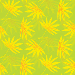 Fototapeta na wymiar Seamless leaf pattern. Background in small yellow leaves on a green background for textiles, fabric, cotton fabric, cover, wallpaper, stamp, gift wrap, postcard.