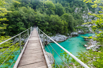 Wooden Bridge over rover Soca, Slovenia