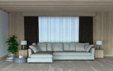 White long sofa in the living room 3D Rendering,in front of wood wall interior design.