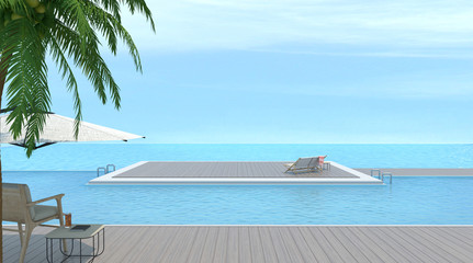 Vacation time and wood chair with swimming pool and sea 3d rendering with Sunbathing deck on sea in...