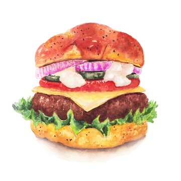 Hand drawn sketch. Watercolor illustration. A huge delicious Burger. Isolated on white background. Fast food.