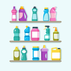 Fototapeta premium Household cleaner products and laundry goods on shelves. House cleaning service vector concept
