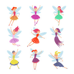 Flying fairy girls with angle wings vector characters set
