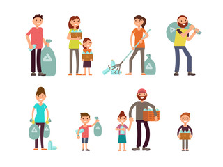 Group of people adult and kids characters gathering city garbage and plastic waste for recycling vector set