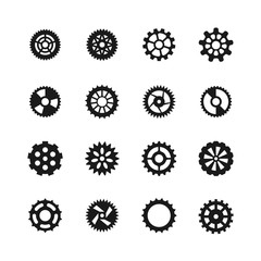 Gear vector icons. Transmission with cogwheel and mechanism gears symbols