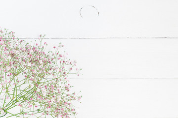 Flowers composition. Floral frame made of pink gypsophila flowers on white wooden background. Flat lay, top view, copy space