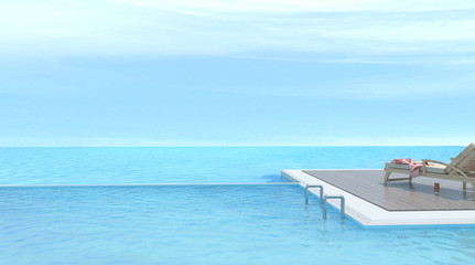 Sunbathing deck and Wood sofa with swimming pool and sea 3d rendering Vacation time