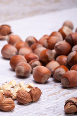 Hazelnuts on white wooden background in studio photo