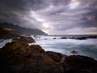 view of Benijo beach on cloudy evening, Tenerife, Canary islands, Spain