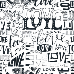 Typographic style seamless repeat pattern. Hand lettered text in black and white, hand drawn word love. Greeting card template, poster, wrapping paper.