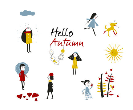 Hello, Autumn. A set of stylized graphic images of people, elements of the season and weather. Vector illustration