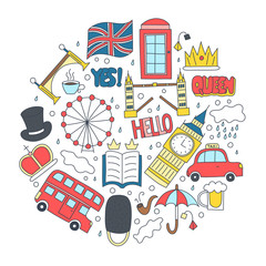 Hand drawn badges with United Kingdom symbols - bus crown cloud hat flag umbrella cup of tea, red telephone box Tower bridge Big Ben. Stickers, pins and patches in cartoon style