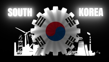 Energy and Power icons set with flag of the South Korea. Sustainable energy generation and heavy industry. 3D rendering. Neon bulb illumination