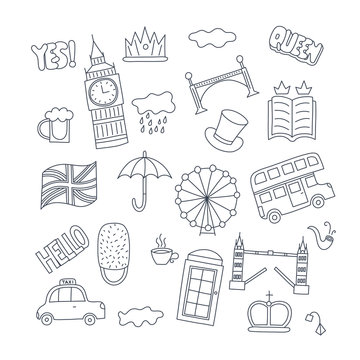 Hand drawn patch badges with United Kingdom symbols - bus crown cloud hat flag umbrella cup of tea, red telephone box Tower bridge Big Ben. Stickers, pins and patches in cartoon 80s-90s comic style