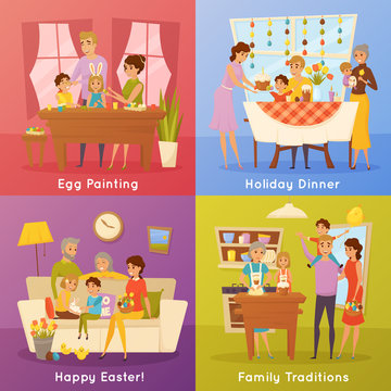 Family Easter Concept 4 Flat Icons 