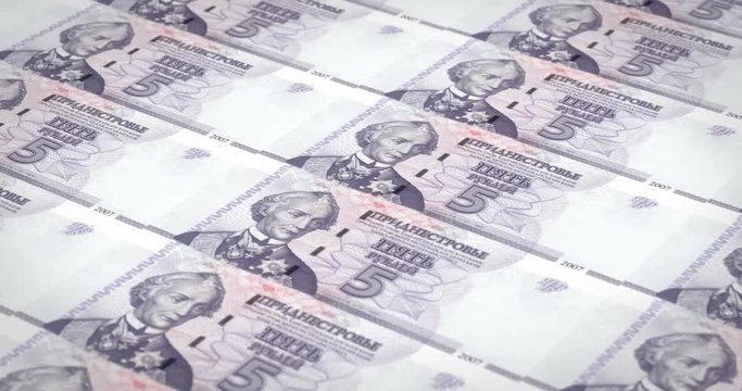 Series of banknotes of five transnistrian rubles of the Bank of Transnistria rolling on screen, coins of the world, cash money, loop