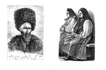 Engravings, illustrations of people of different nationalities.