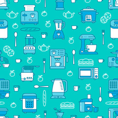 Kitchen utensil, small appliances blue seamless pattern with flat line icons. Background with household cooking tools blender, mixer, food processor, coffee machine, microwave, toaster. Electronics.