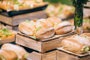 Long Ciabatta Sandwiches with lettuce, slices of fresh tomatoes, cucumber, ham, salami and cheese