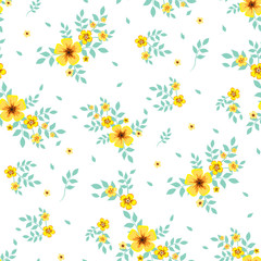 Seamless floral pattern. Background in small yellow flowers on a white background for textiles, fabric, cotton fabric, covers, wallpaper, stamp, gift wrapping, postcard, scrapbooking.