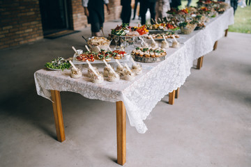 Beautifully decorated catering banquet table with different food snacks and appetizers on corporate christmas birthday party event or wedding celebration