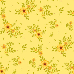 Seamless floral pattern. Background in small yellow flowers on a yellow background for textiles, fabric, cotton fabric, covers, wallpaper, print, gift wrapping, postcard, scrapbooking.