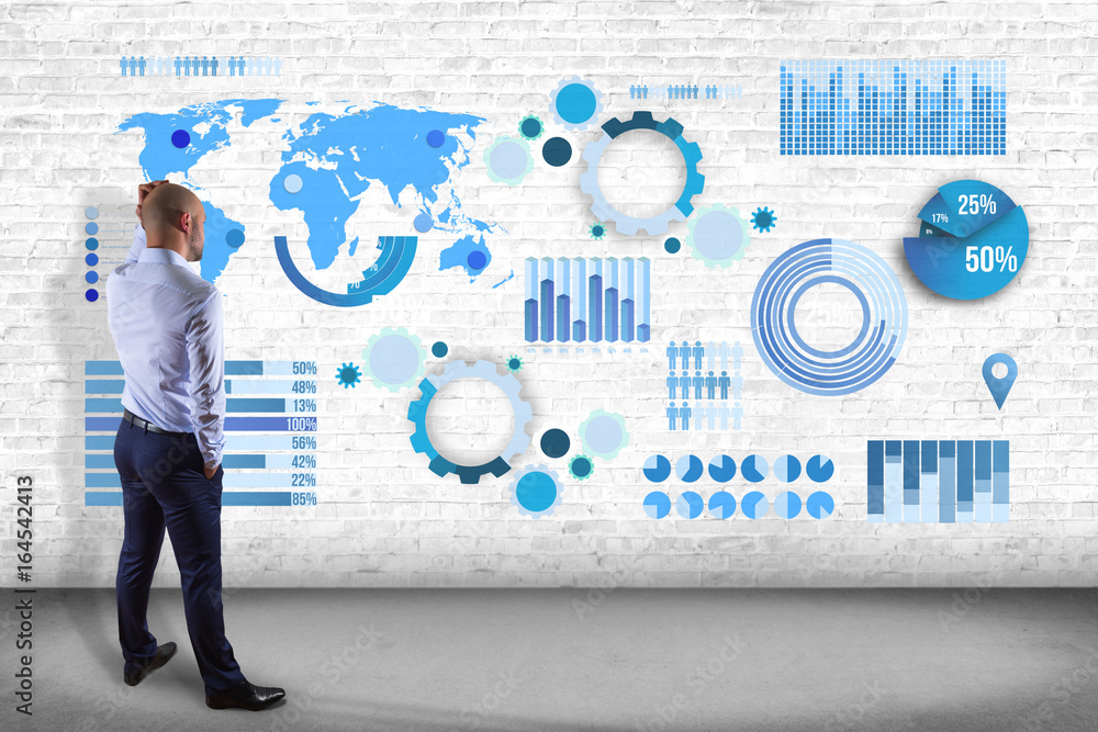 Aufkleber businessman in front of a wall thinking about a business graph and chart interface - business concep