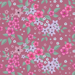 Seamless floral pattern. Background in small flowers on a pink background for textiles, fabric, cotton fabric, covers, wallpaper, print, gift wrapping, postcard, scrapbooking.