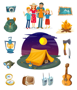 Camping collection. Camping family hiking and outdoor recreation vector. Tourism elements