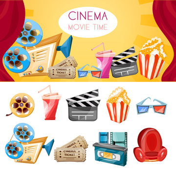 Cinema collection. Cinema movie elements cartoon cinema hand drawn icon collection cinema and movie set vector