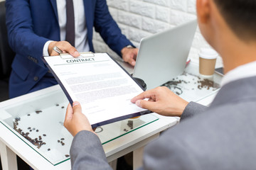 Hand of people working at restuarant, People interview businessman for working job and sign contact, Portrait business concept, 20-30 year old.
