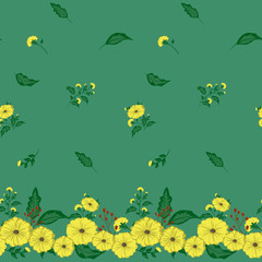 Obraz na płótnie Canvas Seamless floral pattern. Background in small yellow flowers on a green background for textiles, fabric, cotton fabric, covers, wallpaper, print, gift wrap, postcard, scrapbooking.