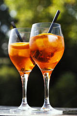 Aperol spritz cocktail in misted glass, selective focus